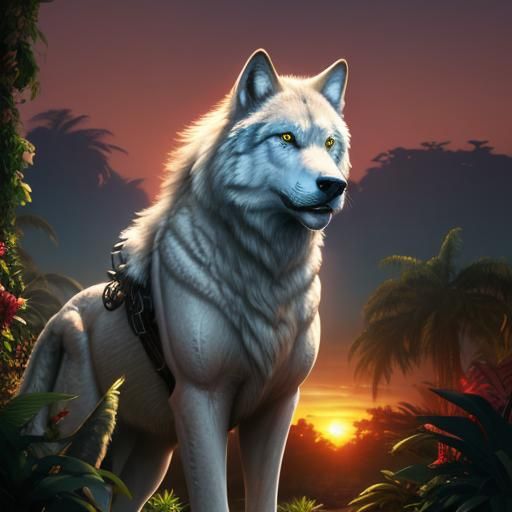 Great White Wolf and Steampunk Engine at Sunset