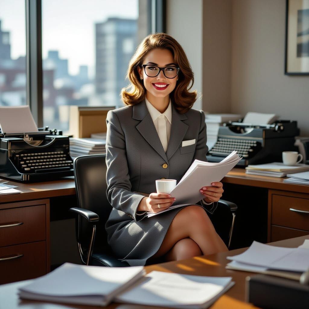 1960s Secretary in Bustling Office, Golden Hour Glow