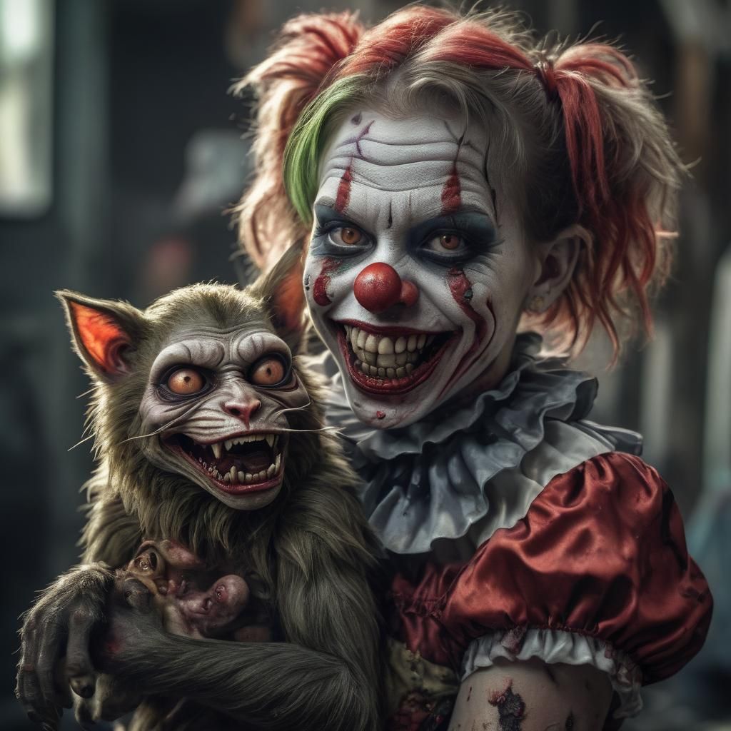 Zombie Monkey Clown with Cat, Hyperrealistic Image
