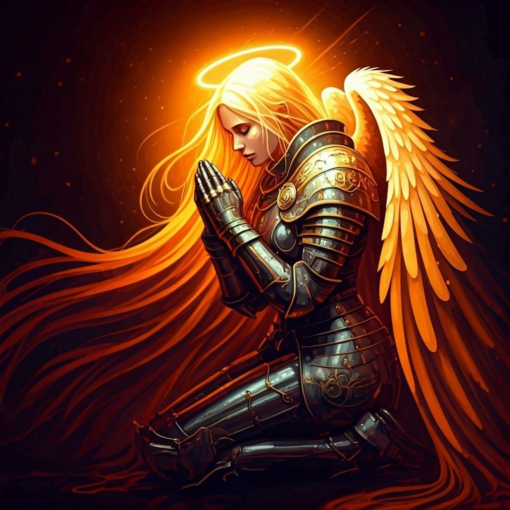 Vibrant alcohol ink portrait of a woman knight in glowing lu...