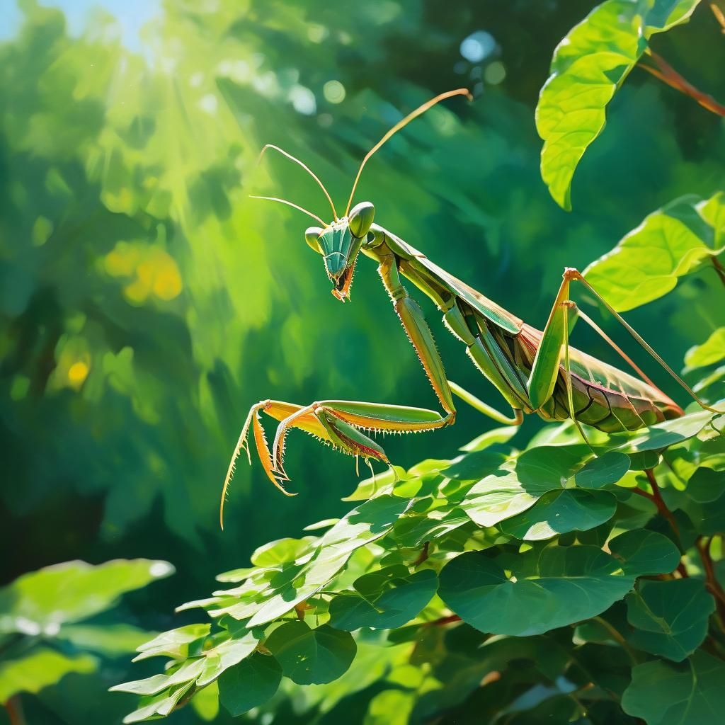 Praying Mantis in Sunlit Garden: Impressionist Gouache