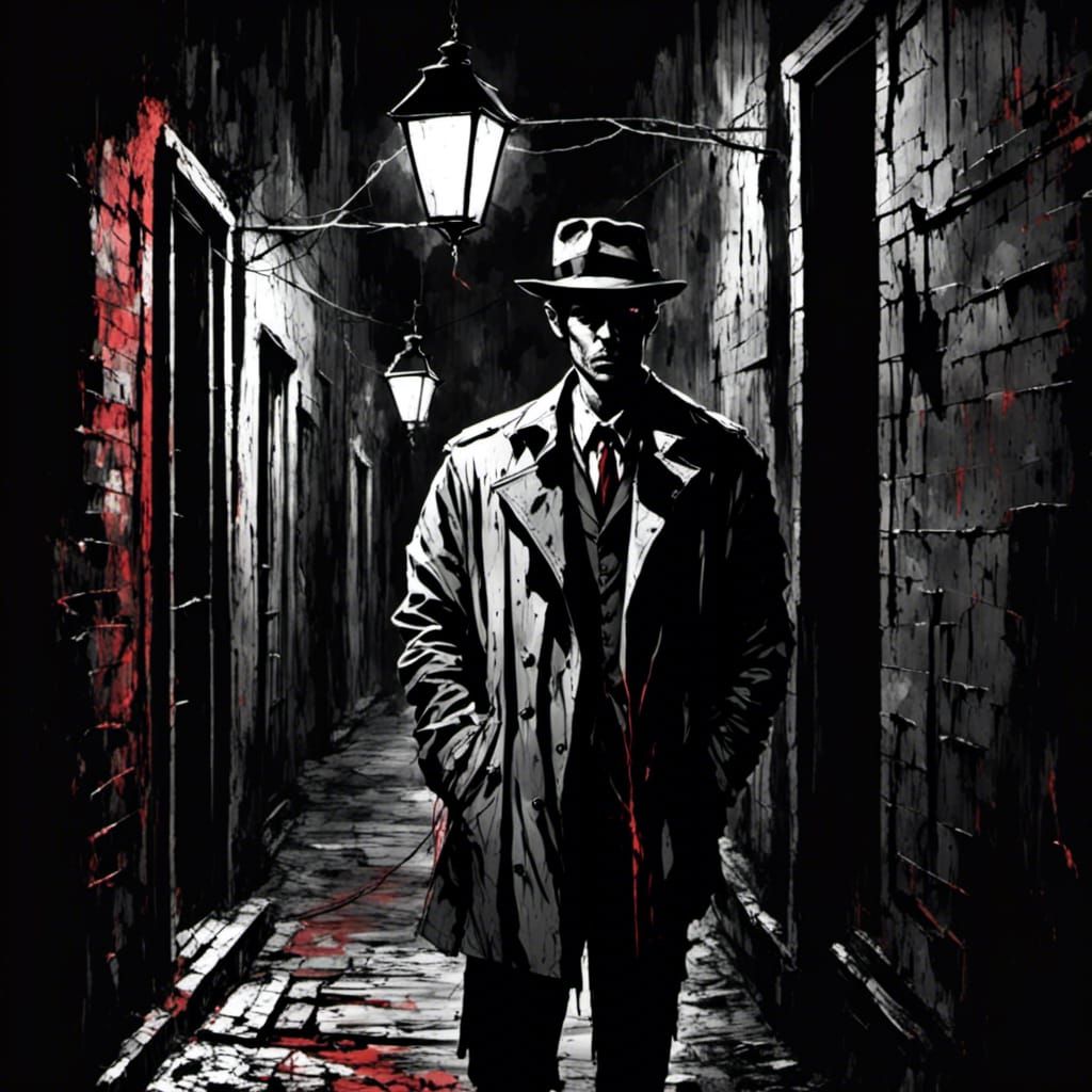 Film Noir Detective in Red Neon Alley