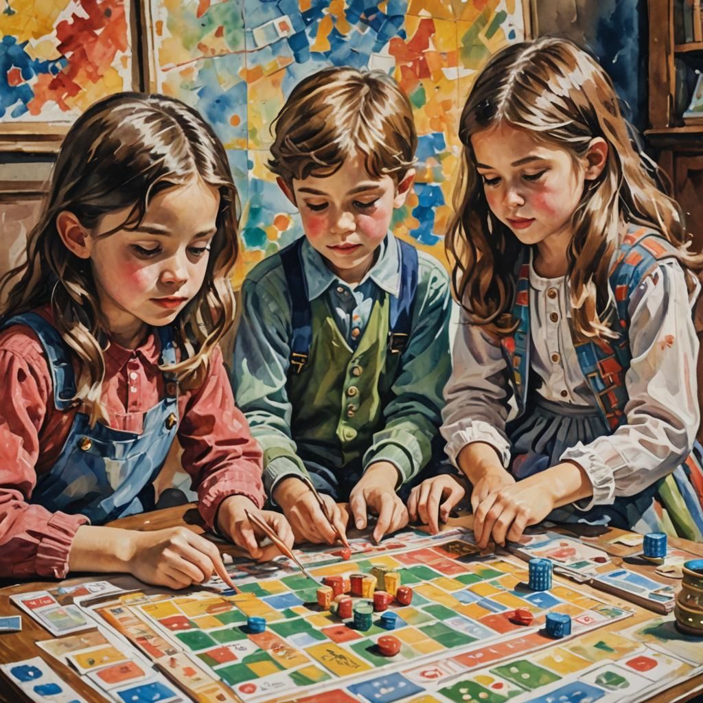 Children's Game: Impressionist Gouache Watercolor Painting