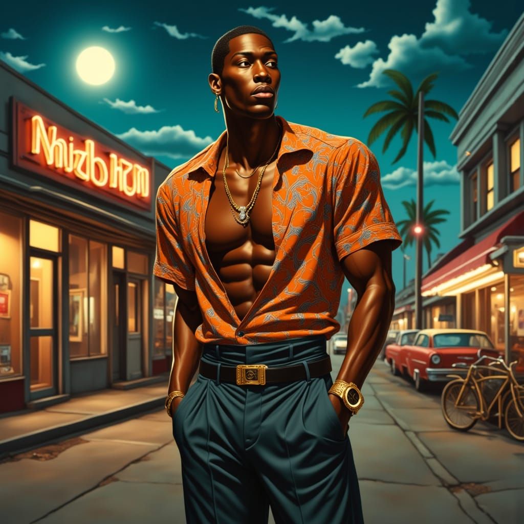 Rockabilly Man in Miami: Digital Realism Oil Painting