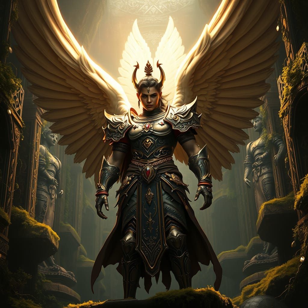 Mystical Warrior Angel in Overgrown Temple