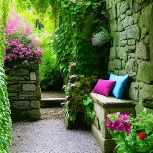 Secret Garden with Stone Wall and Lush Greenery