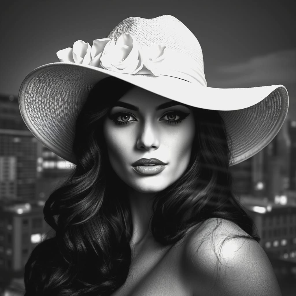 Double exposure, black and white Studio portrait photo of a stylized, stunningly glamorous sophisticated brunette woman ...