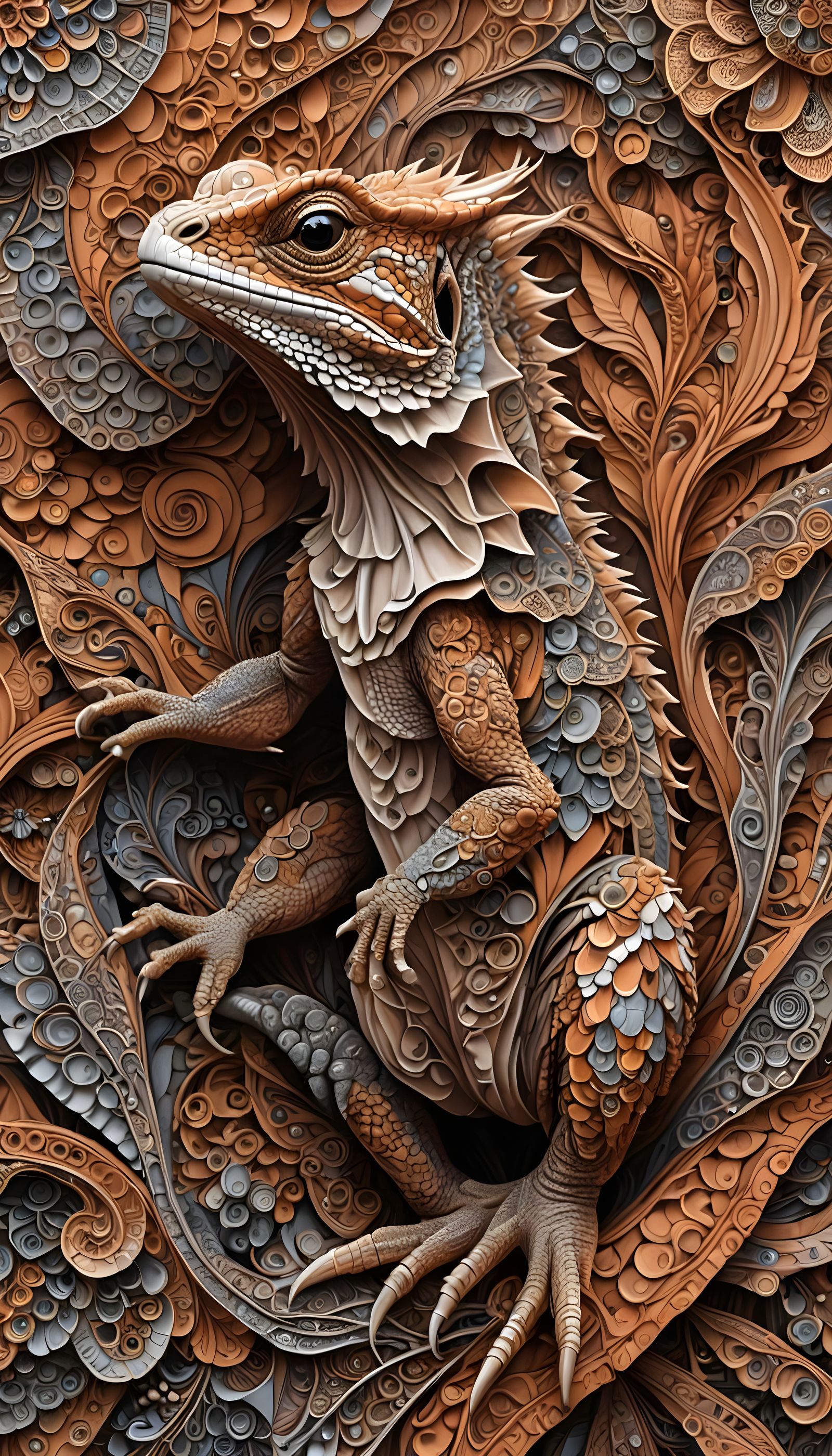 Frilled Neck Lizard with Quantum Zentangle Design