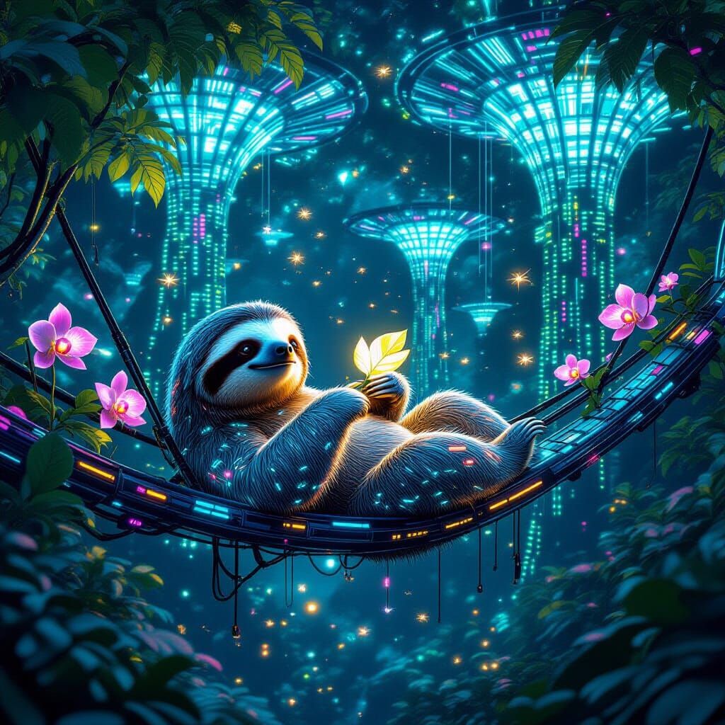Futuristic Sloth in Neon Jungle