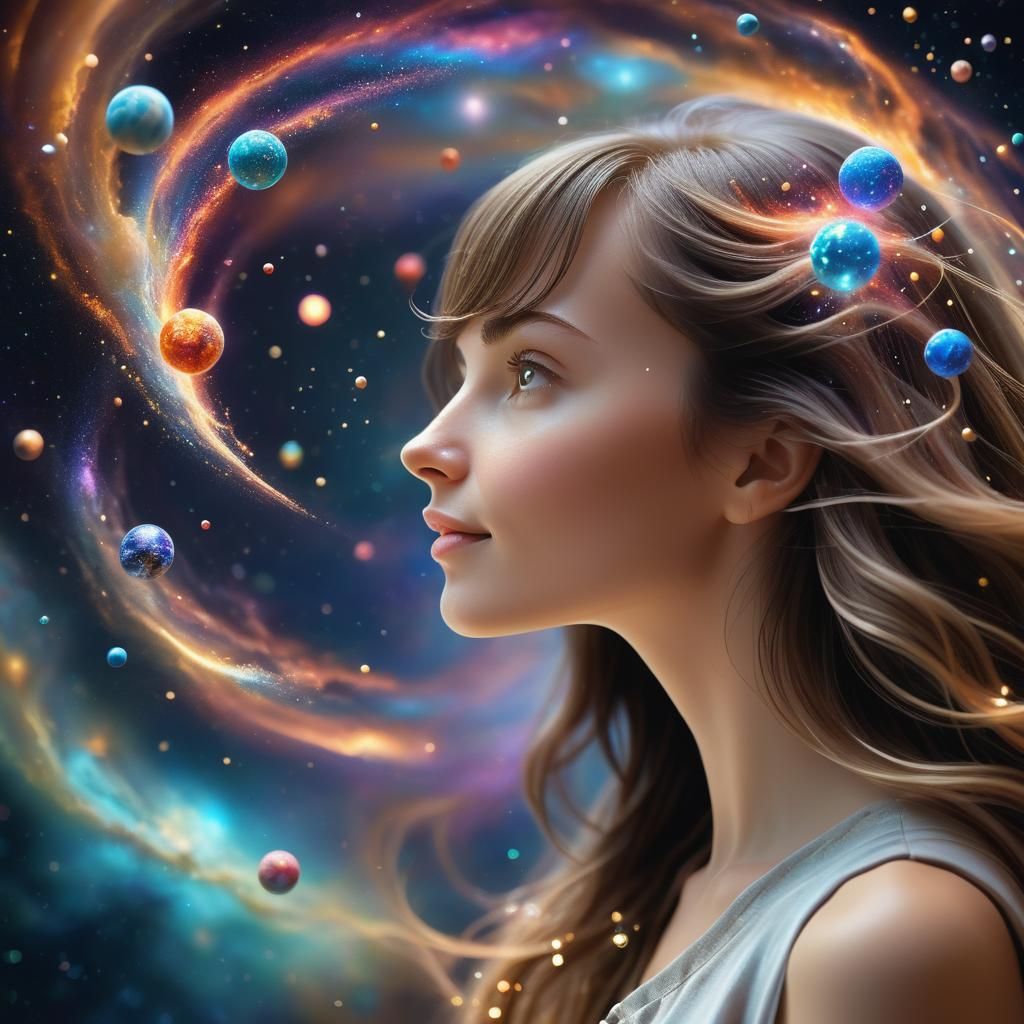 Woman Admiring Miniature Cosmic Universe in 3D