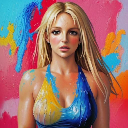 Britney Spears: Expressionist Oil Painting with Impasto Text...