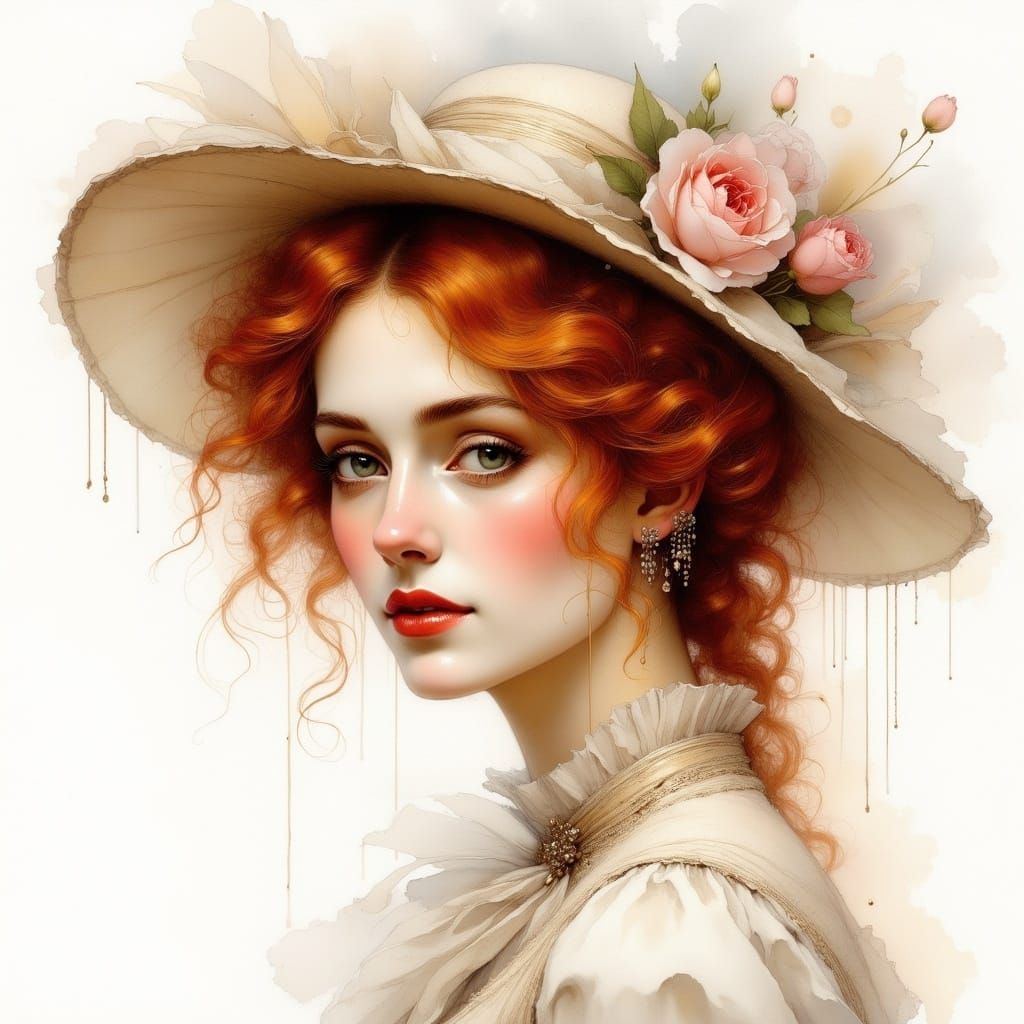 Victorian Woman Portrait with Red Hair and White Hat