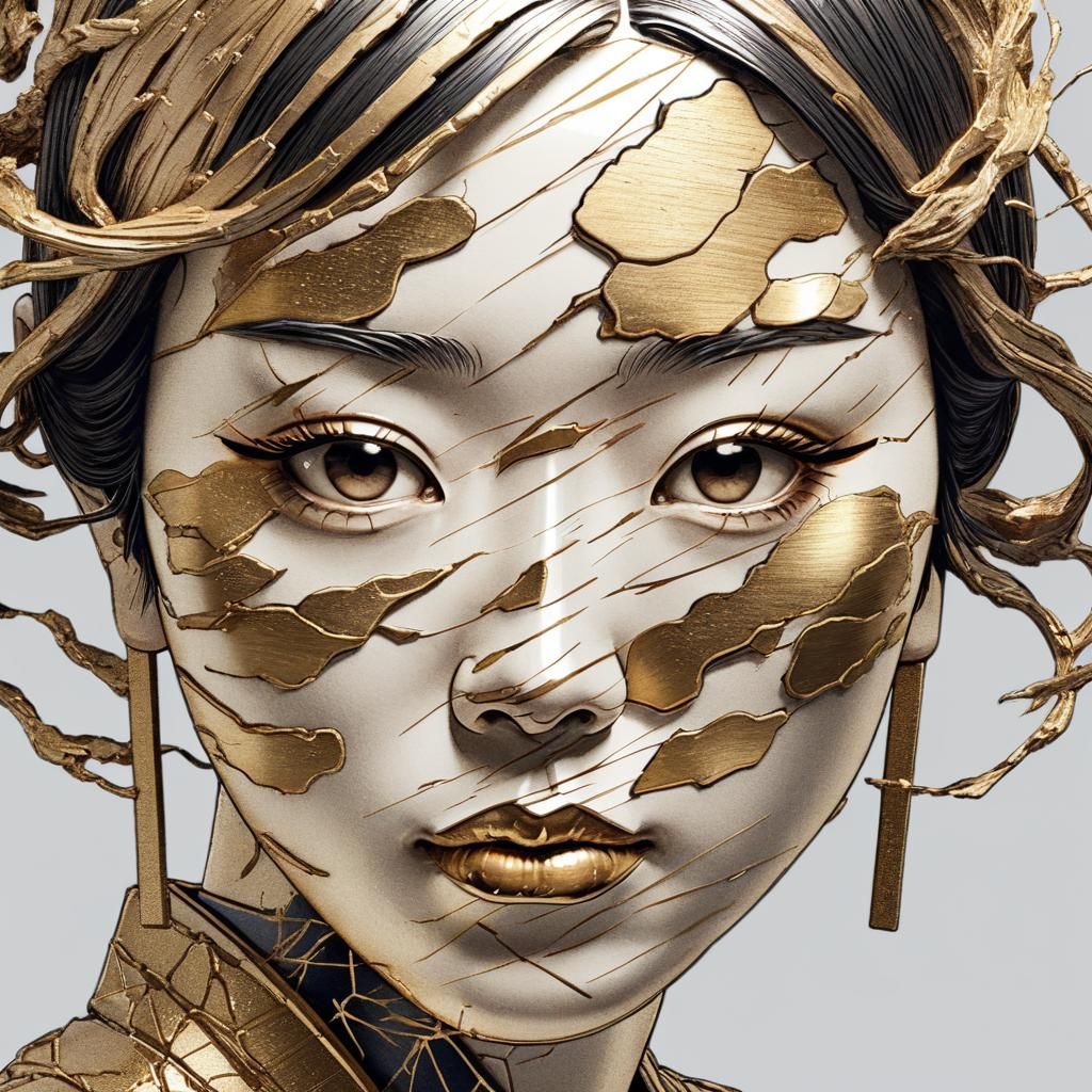 Ukiyo-E Portrait with Kintsugi in 3D Render