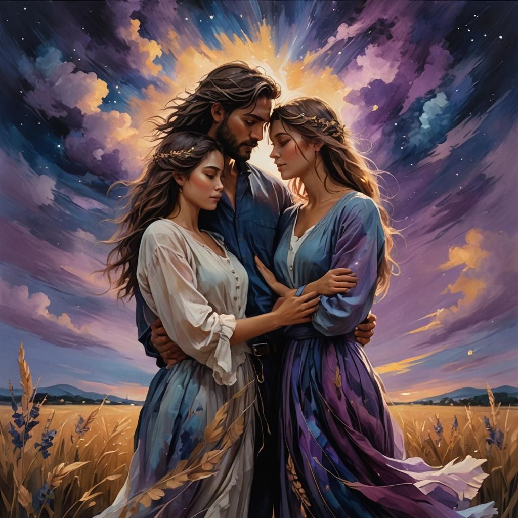 Couple Holding Hands Under Starry Sky as Oil Painting