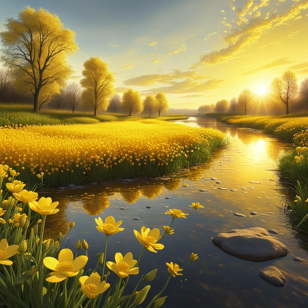 Hyperrealistic Yellow Sunrise Over Flower Field