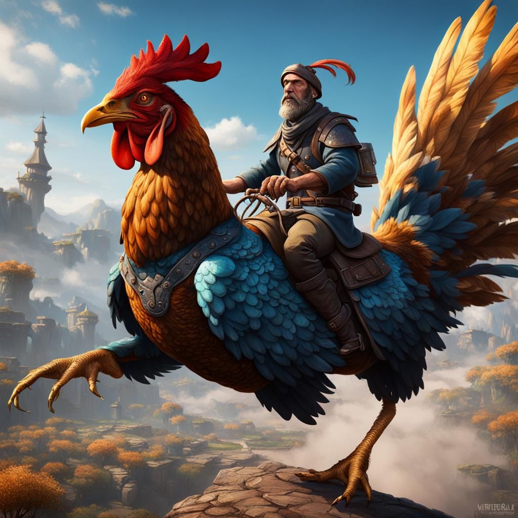 Peasant Rides Chicken Raptor in Detailed Matte Painting