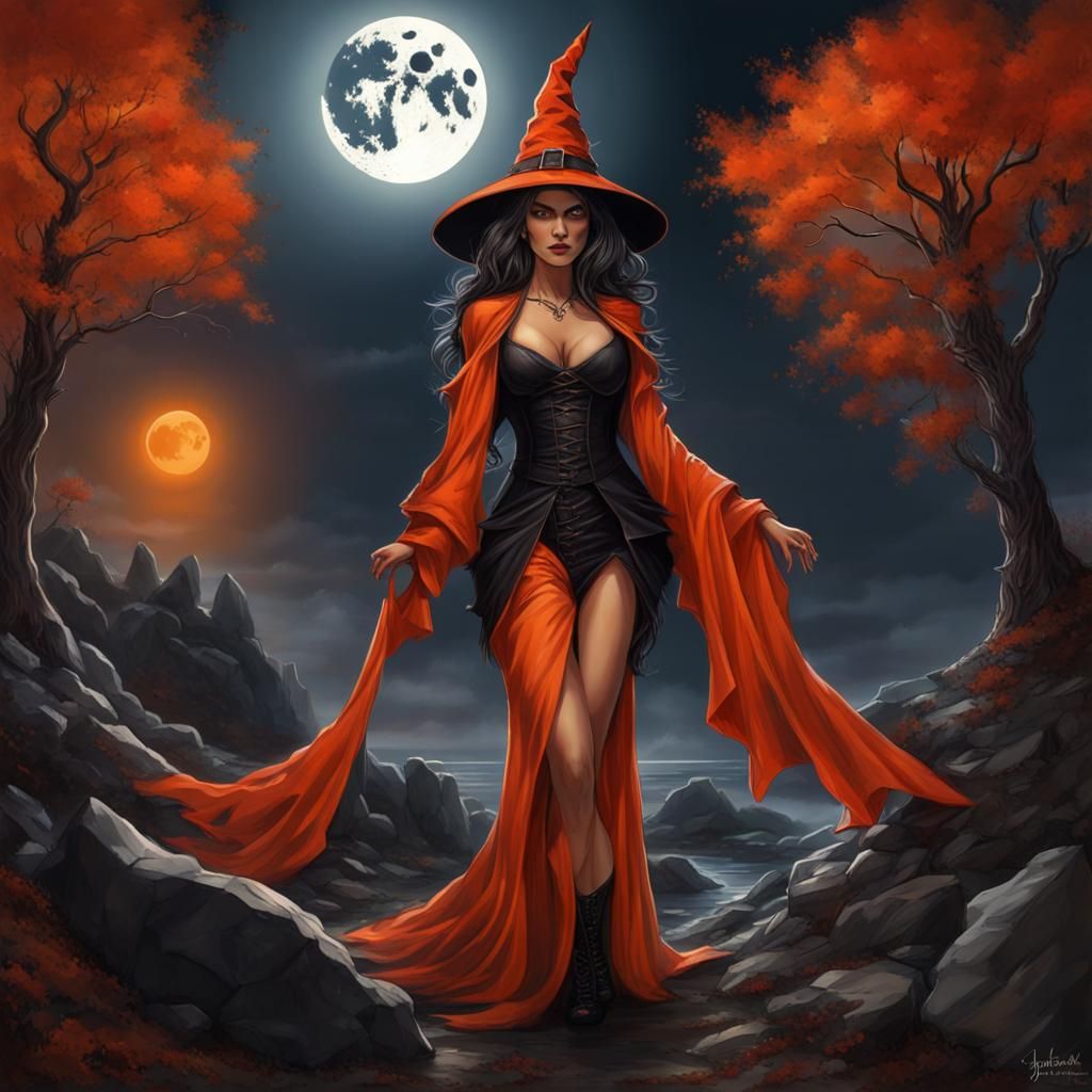 Eerie Witch in Orange Moonlight: Detailed Vector Art