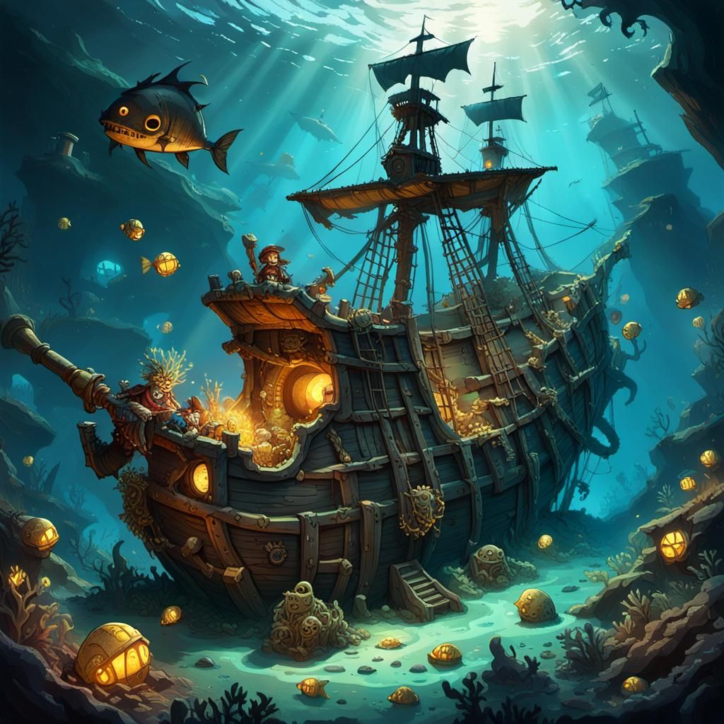 Sunken Pirate Shipwreck Scene with Skeletal Pirates