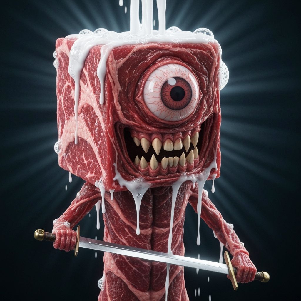 Meat Helmet Monster with Eye and Sword in Shampoo