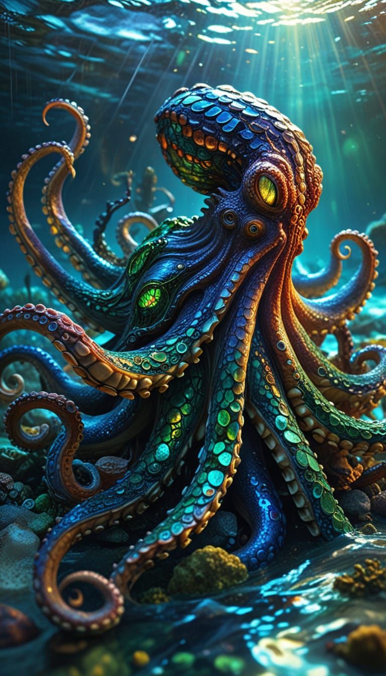 Surreal Stained Glass Masterpiece of a Glowing Octopus Emerg...