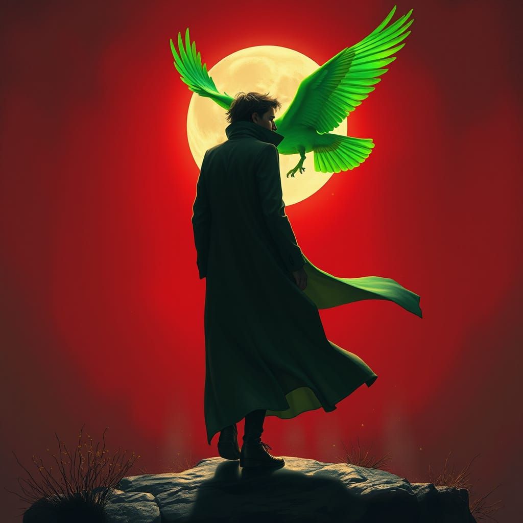Glowing Bird and Figure in Vintage Oil Painting Style