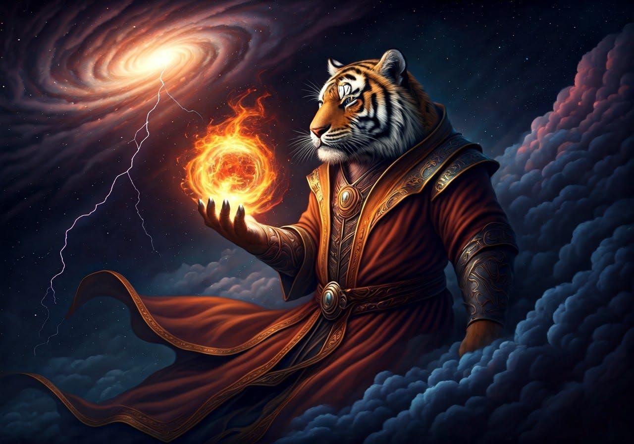 Cosmic Tiger Wizard Casting a Spell