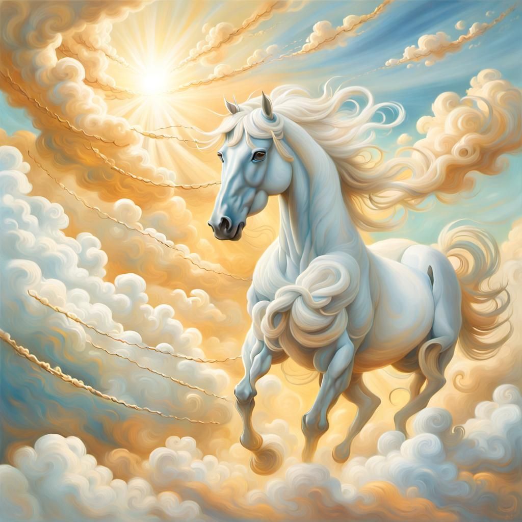Surreal Horse-Drawn Chariot Cloudscape in Oil Painting Style