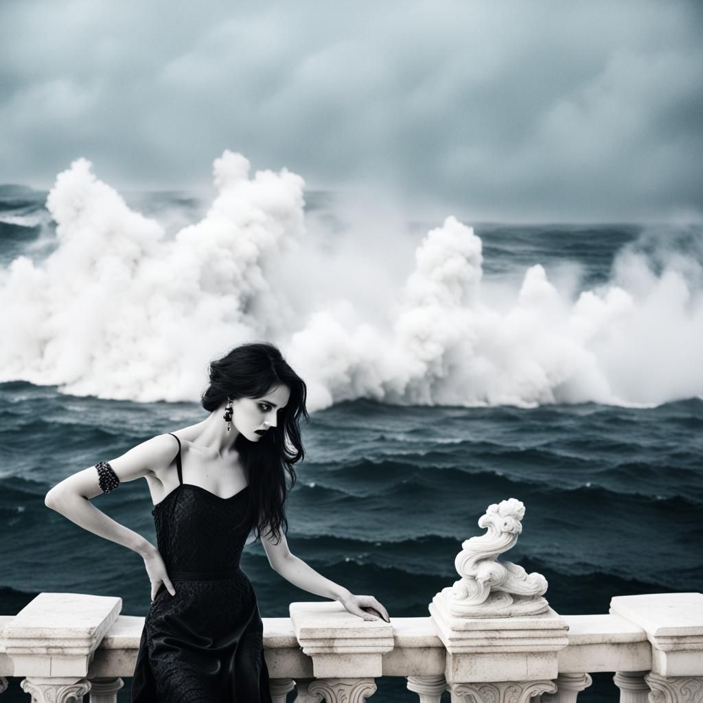 Gothic Model in Coffee Shop with Ocean Waves