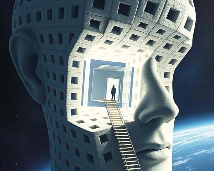 Surreal Giant Head with Stairs in Cosmic Fantasy