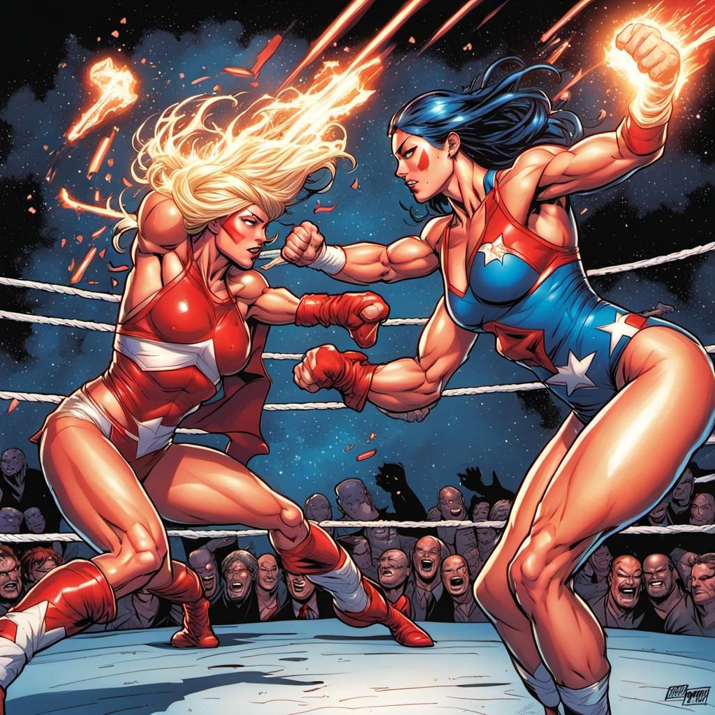 Superhero Bikini Wrestling Body Slam in Comic Art