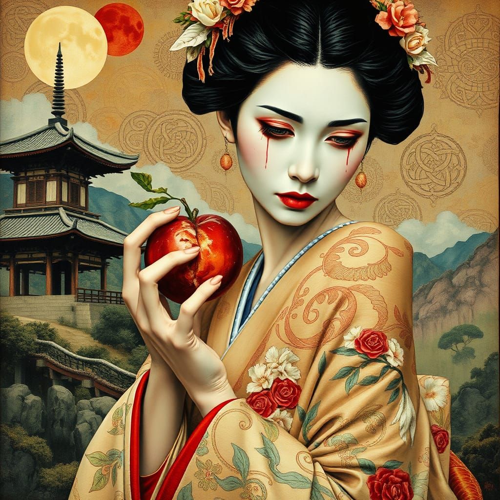 Geisha with Peach in Surreal Impasto Style