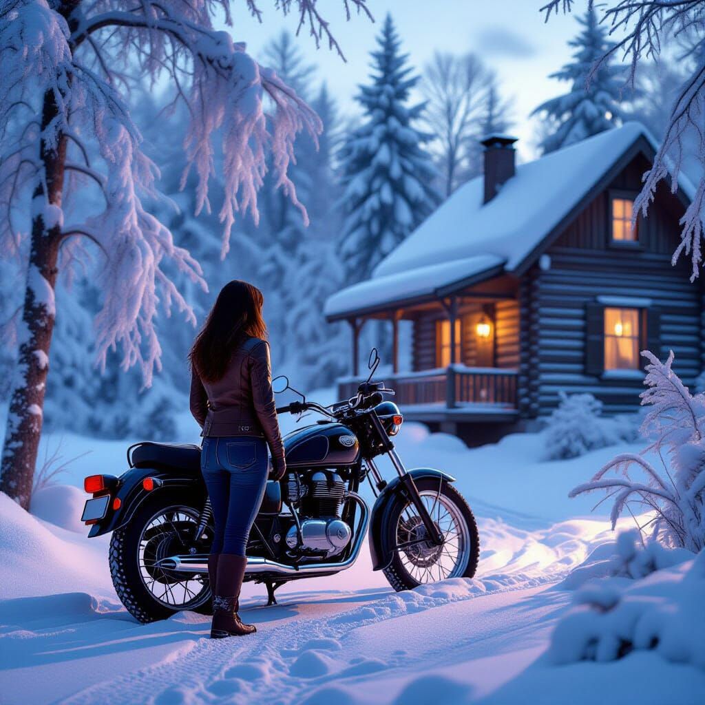 Woman with Motorcycle at Snowy Cabin