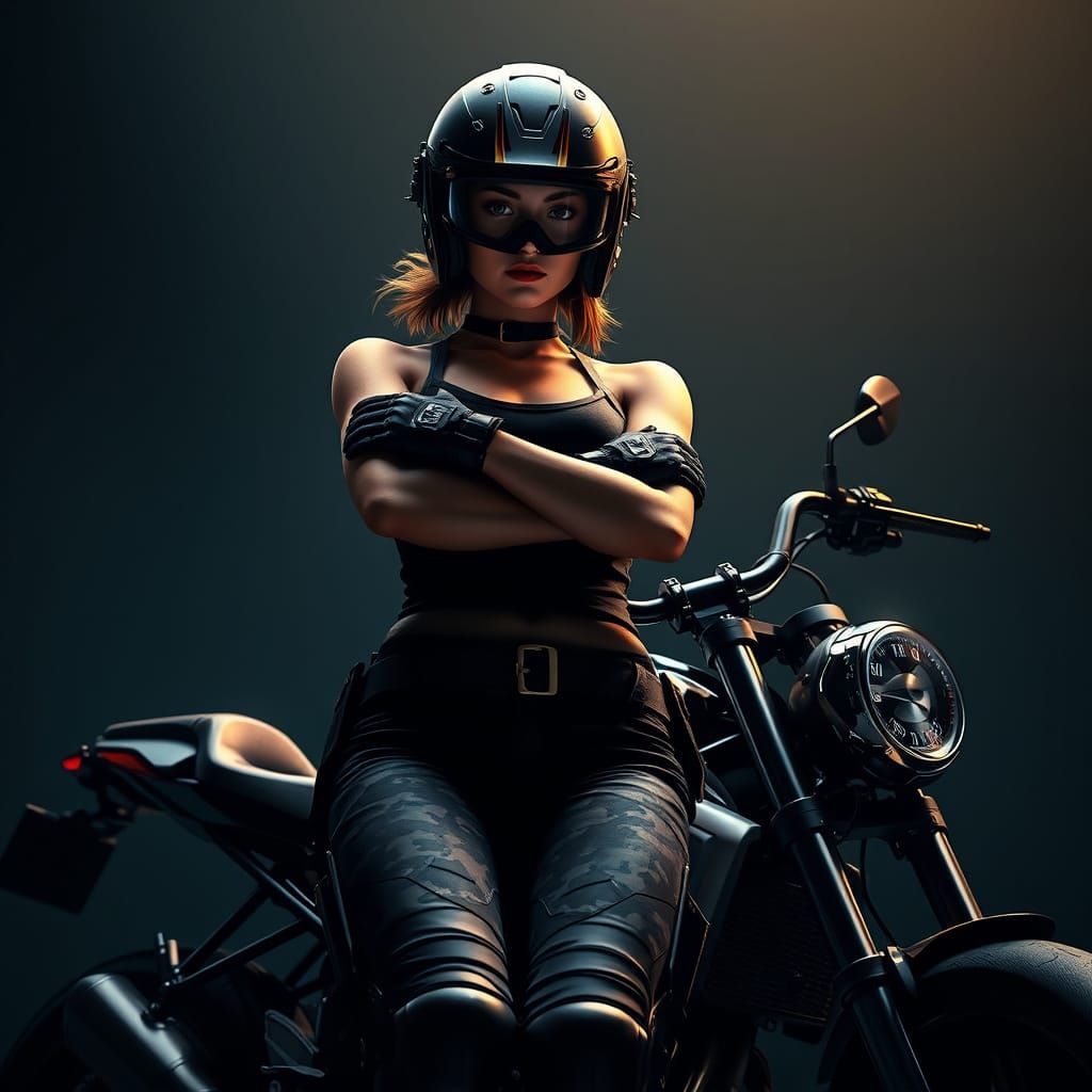Confident Biker Goddess in Camouflage Armor