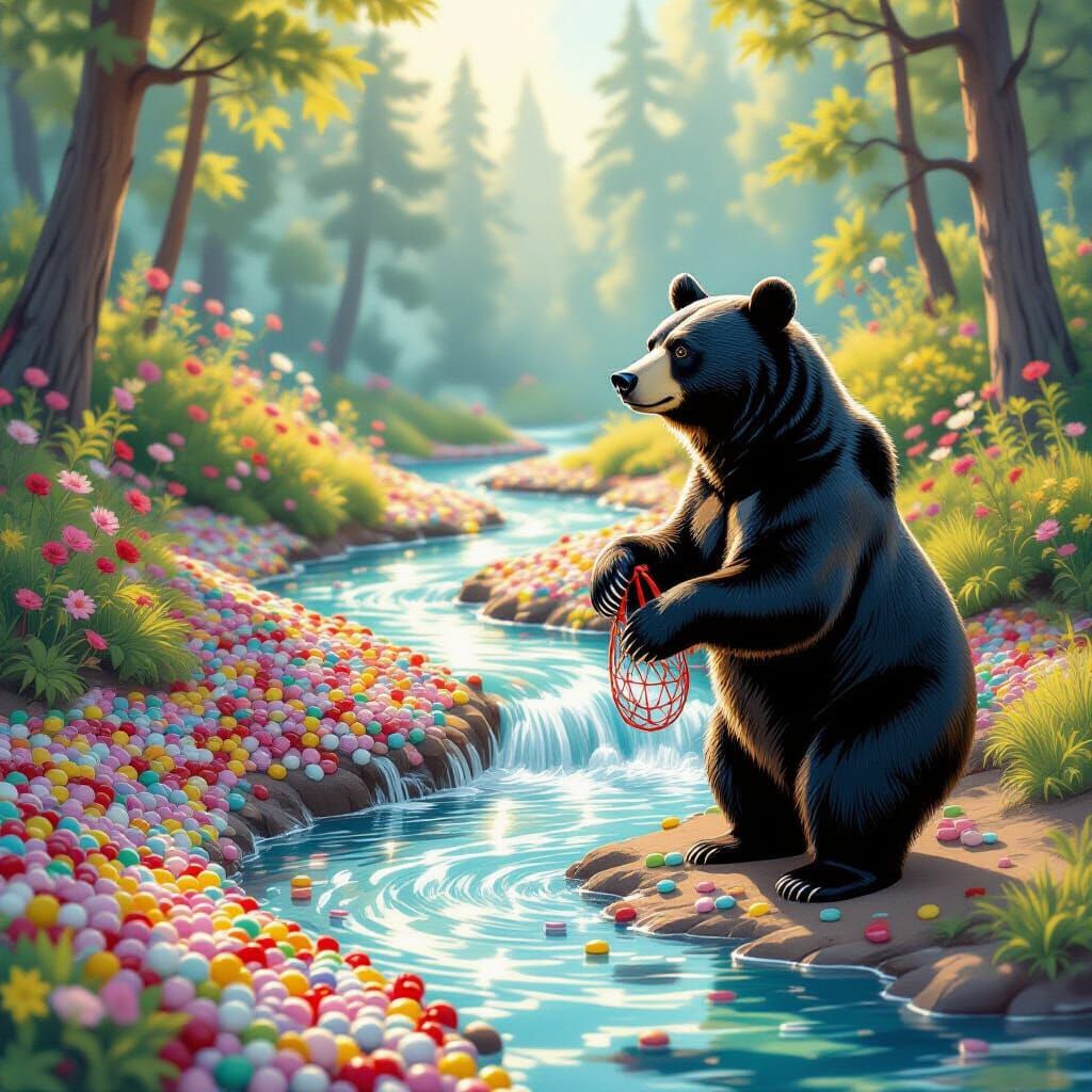 Whimsical Candy River with Black Bear, Digital Art
