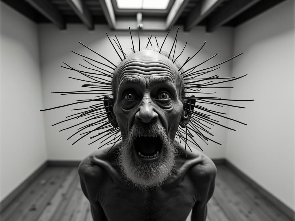 Terrified Frail Man in High-Key B&W Portrait