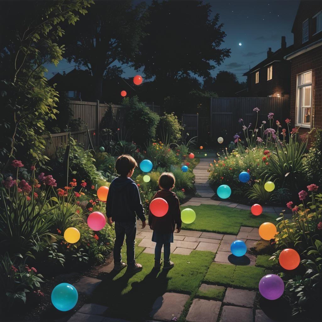 Child and Glowing Orbs in Suburban Garden at Night