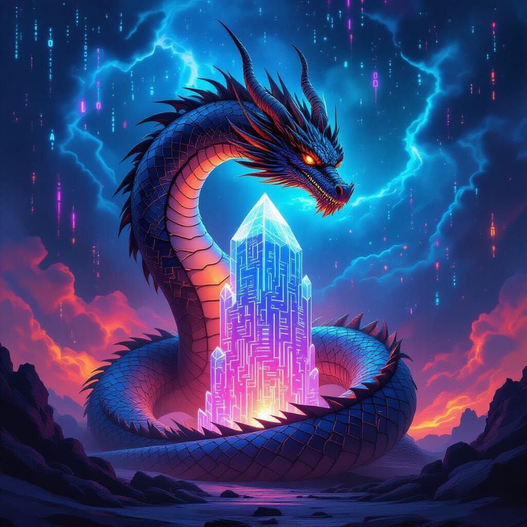 Cybernetic Dragon Coiled Around Crystal Data Nexus