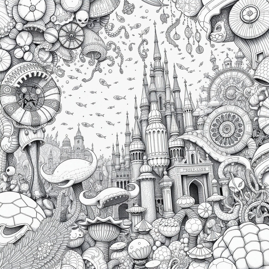 Monochrome Doodle Undersea World in Matte Painting Style