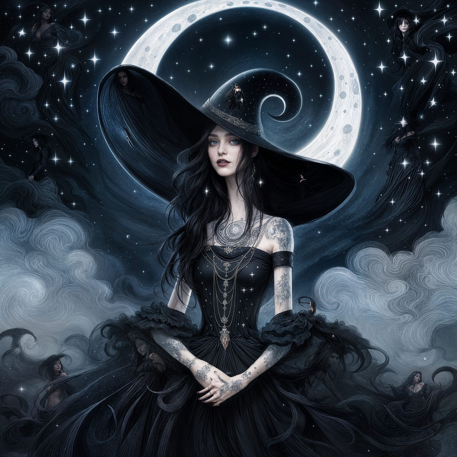 Enchanting Witch in Starry Night, Fantasy Concept Art