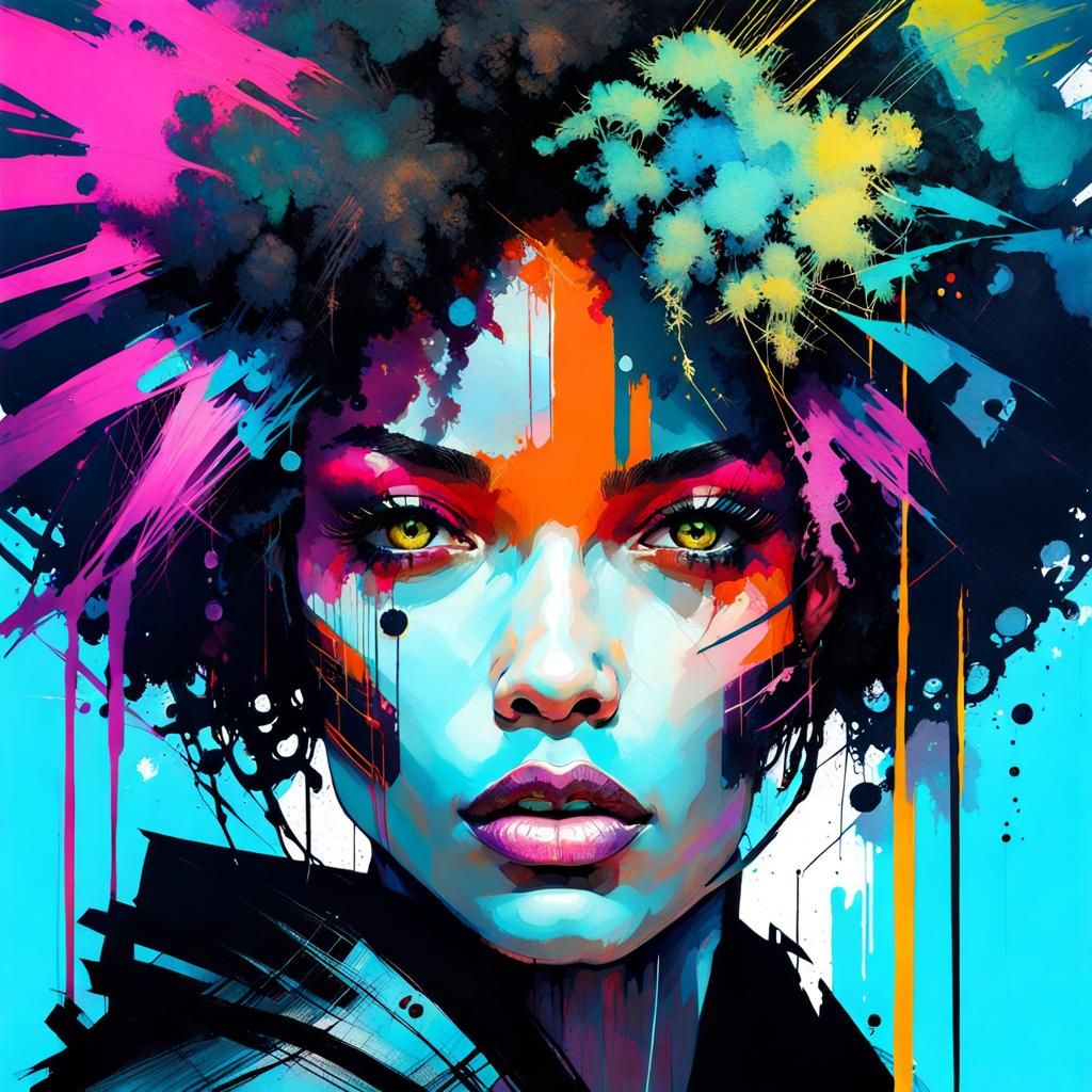 Cyberpunk Girl Portrait with Afro Hair in Oil