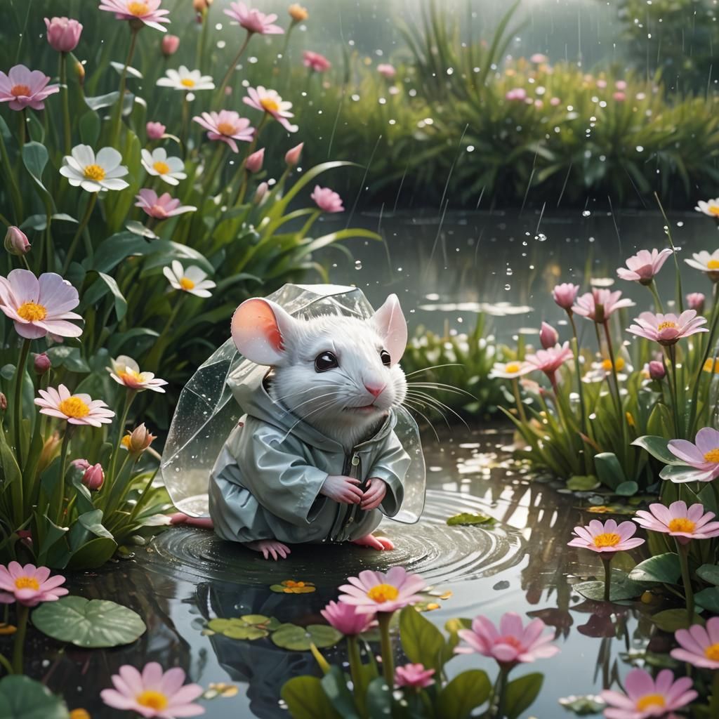 Mouse Fishing in Raincoat: Hyper-Realistic Digital Art