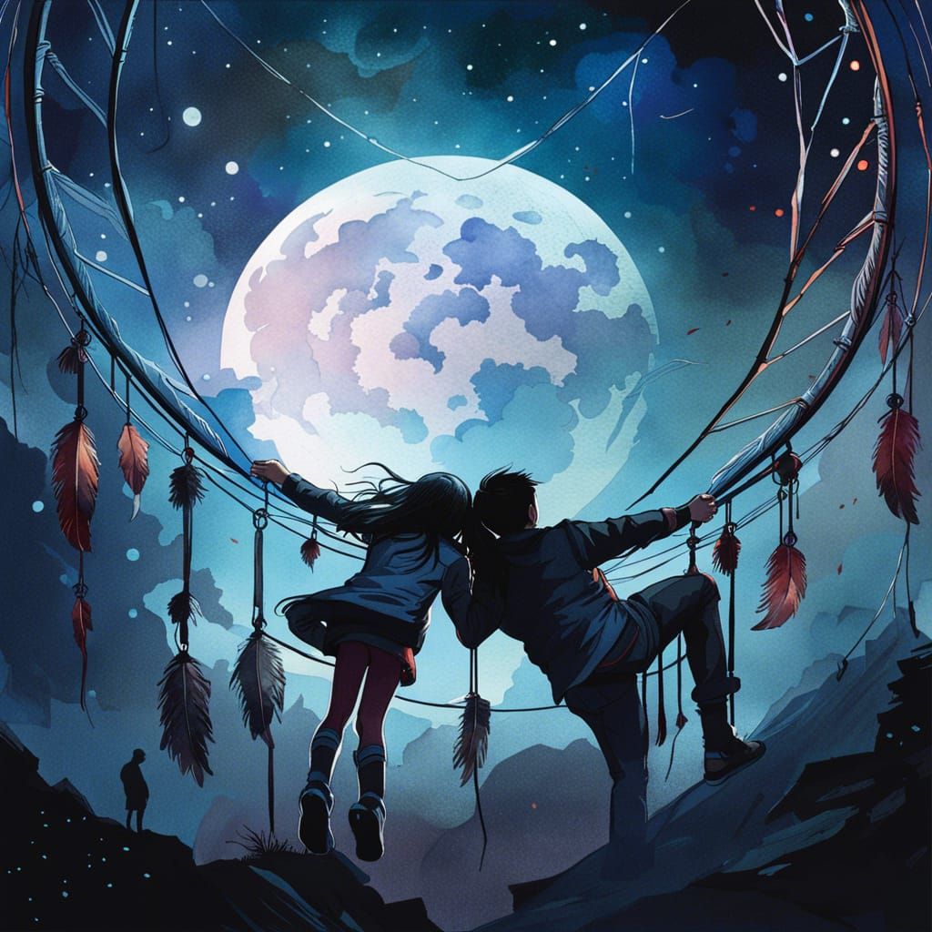 Dreamcatcher Climbers in Moonlit Sky, Watercolor Style