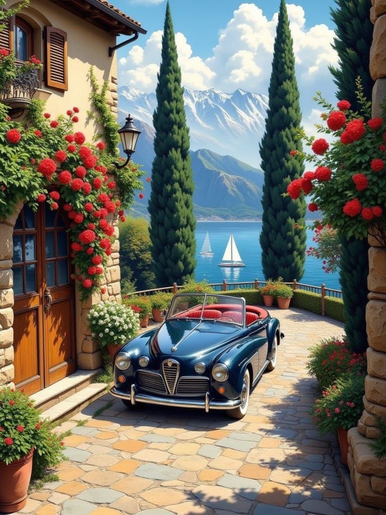 Luxurious Italian Villa with Vintage Car and Lake View