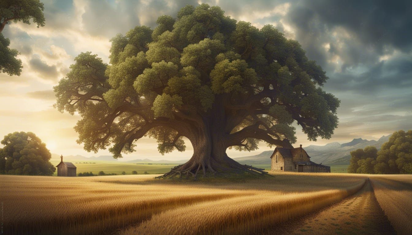 Solitary Oak in Wheat Field: Photorealistic Digital Painting