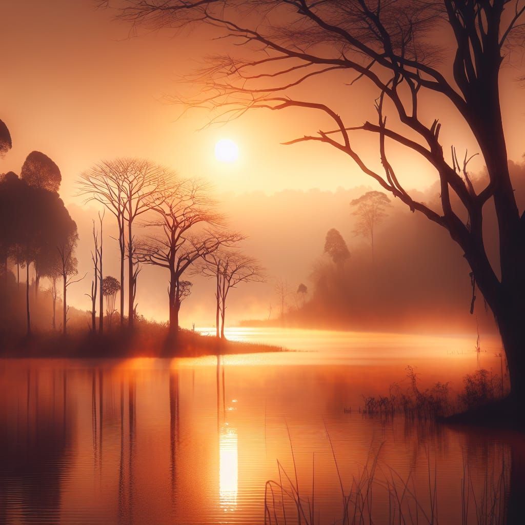 Serene Sunset Lake Landscape with Bare Trees