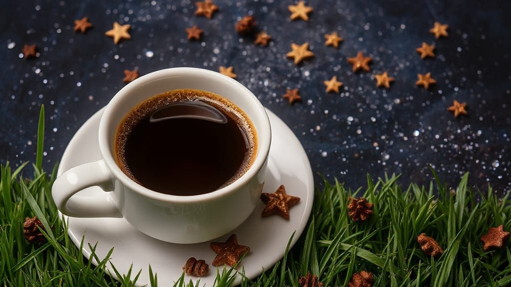 Coffee, Stars, and Grass: A Surreal Cosmic Scene