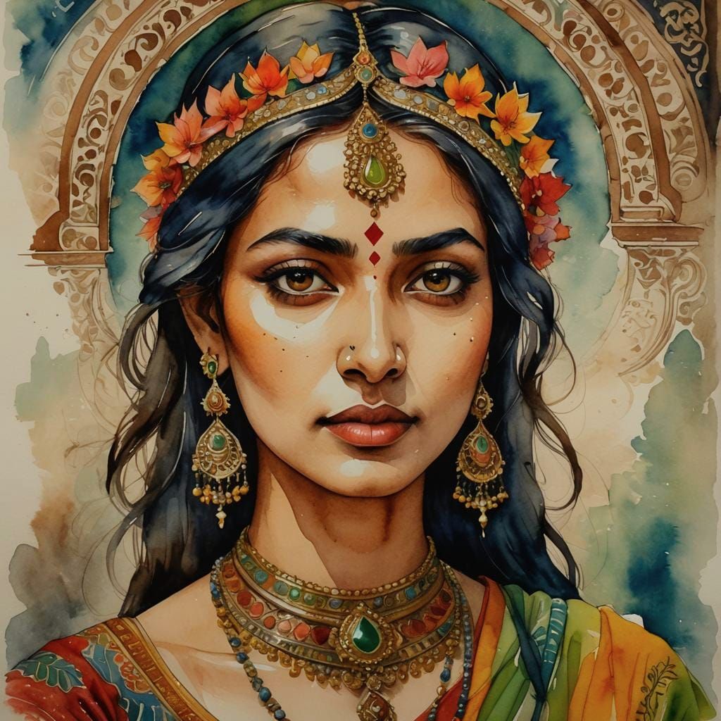 Sensual Deccani Beauty in Ethereal Neogothic Oil Painting