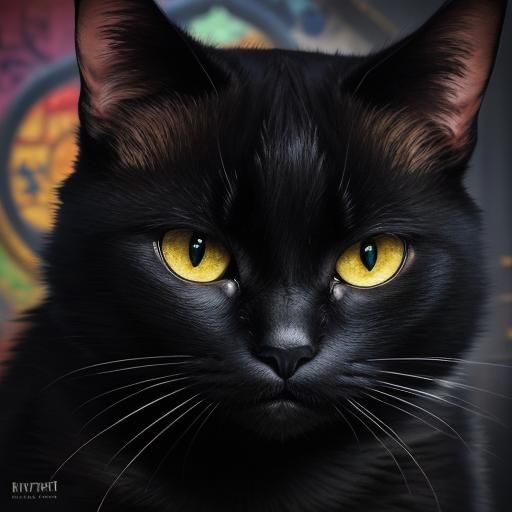 Hyperrealistic Black Cat in Colorful Living Room