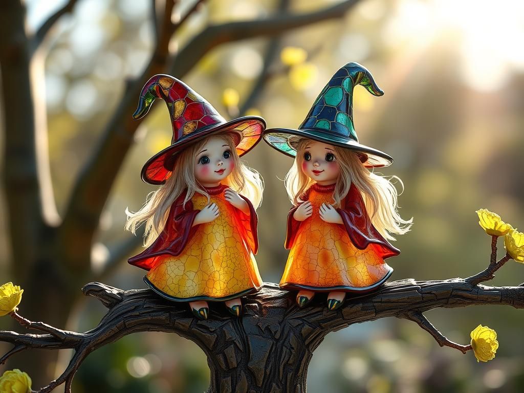 Enameled Glass Witches on a Tree, Photorealistic
