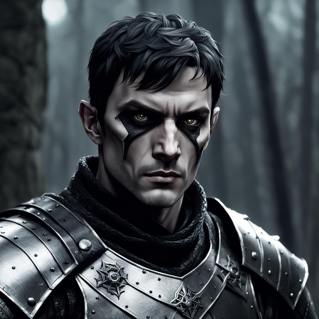 Elven Assassin with Haunted Eyes in Dark Armor